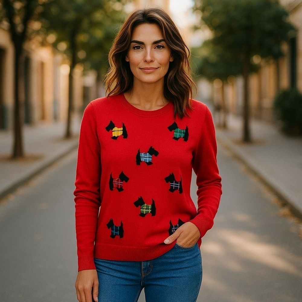 Talbots sz medium red crewneck Sottie Dog sweater cashmere blend